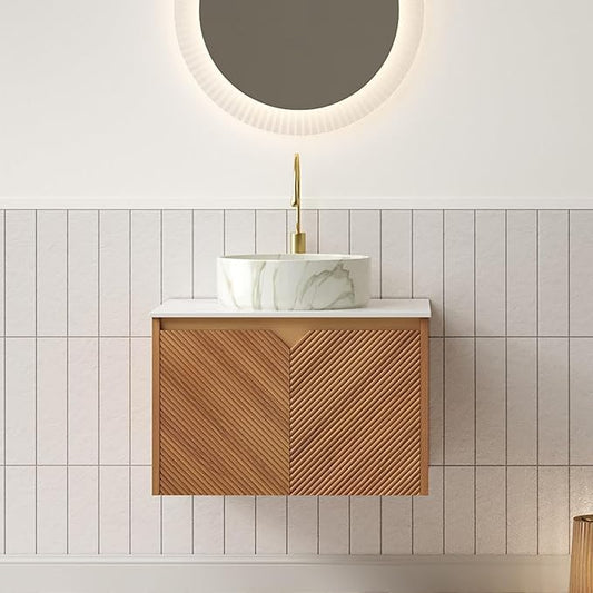 24 Inch Bathroom Vanity with Sink, Floating Fluted Vanity with Vessel Sink, Modern Wall Mounted Bathroom Vanity Cabinet with 2 Doors, White Marble Ceramic Sink & Sintered Stone Top, Oak