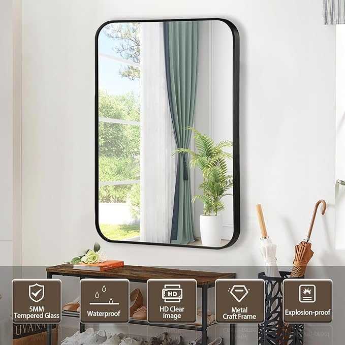 Black Bathroom Mirror, 24x32 Inch Matte Black Mirror, Aluminum Alloy Framed Vanity Mirror, Rounded Rectangle Bathroom Mirror for Over Sink, Anti-Rust Wall Mirror (Horizontally or Vertically)