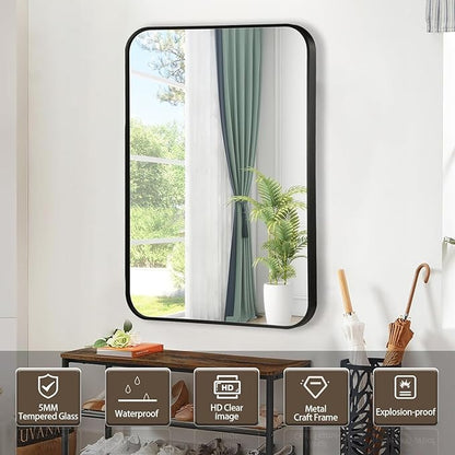 Black Bathroom Mirror, 24x32 Inch Matte Black Mirror, Aluminum Alloy Framed Vanity Mirror, Rounded Rectangle Bathroom Mirror for Over Sink, Anti-Rust Wall Mirror (Horizontally or Vertically)