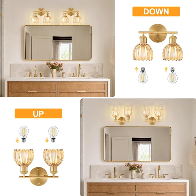 Bathroom Light Fixtures, 2-Light Brushed Gold Vanity Lights for Bathroom with Amber Tulip Glass Shade, 12" Vintage Bathroom Vanity Lighting Fixtures Over Mirror for Bedroom Living Room Hallway