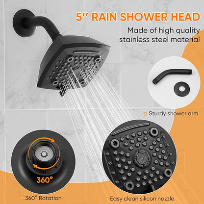 Tub Shower Faucet Set Valve Included with 6-Inch Rain Shower Head and Tub Spout Single-Handle Tub and Shower Trim Kit Matte Black