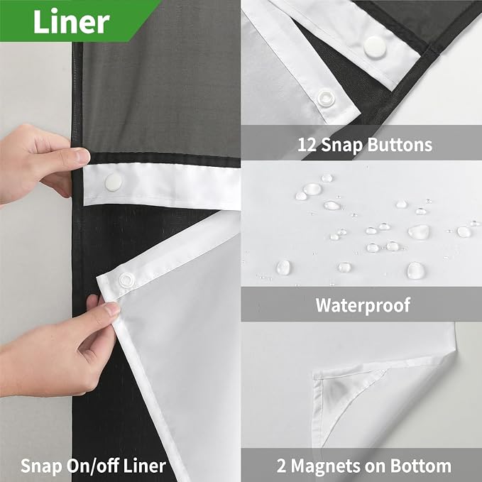 eachope No Hook Linen Texture Shower Curtain with Snap-in Liner,71x74 Black | 230GSM Thick Fabric,Hotel Luxury Decor,Mesh Top Window,Magnetic Weighted Hem,Waterproof & Machine Washable,for Bathroom