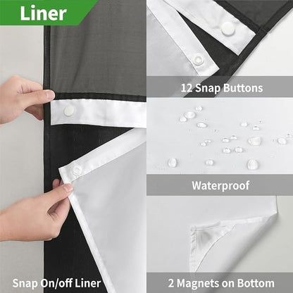 eachope No Hook Linen Texture Shower Curtain with Snap-in Liner,71x80 White | 230GSM Thick Fabric,Hotel Luxury Decor,Mesh Top Window,Magnetic Weighted Hem,Waterproof & Machine Washable,for Bathroom