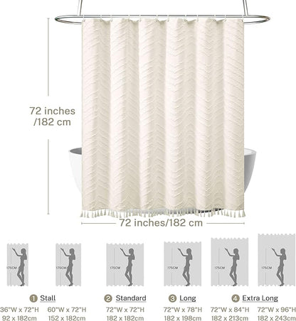 Boho Farmhouse Shower Curtain, 72 x 72 Tufted Chevron Textured Striped Modern Farmhouse Minimalist Cream Shower Curtain for Bathroom