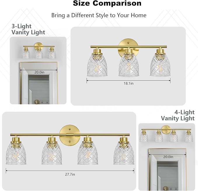 3-Light Bathroom Light Fixtures, Brushed Gold Vanity Lights Over Mirror | Modern Farmhouse Wall Sconces with Hammered Glass Lampshade for Kitchen Hallway Bedroom Living Room Cabinet Porch-18.1IN