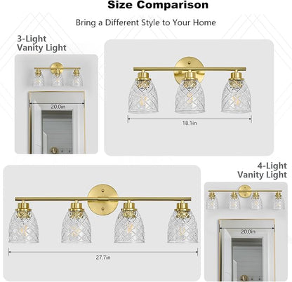 3-Light Bathroom Light Fixtures, Brushed Gold Vanity Lights Over Mirror | Modern Farmhouse Wall Sconces with Hammered Glass Lampshade for Kitchen Hallway Bedroom Living Room Cabinet Porch-18.1IN