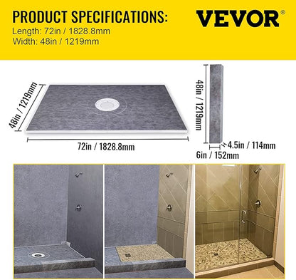 VEVOR Shower Curb Kit, 48"x72" Watertight Shower Curb Overlay with 4" PVC Central Bonding Flange, 4" Stainless Steel Grate, 2 Cuttable Shower Curb and Trowel, Shower Pan Slope Sticks Fit for Bathroom