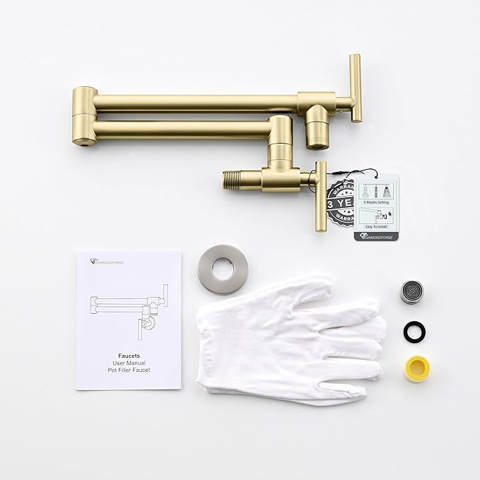 Pot Filler Faucet Wall Mount - 3 Spray Modes, Double Joint Swing Arm, Retractable Space-Saving Design - Leak-Free High Flow Brass Faucet for Kitchen Sink & Stove - Brushed Gold