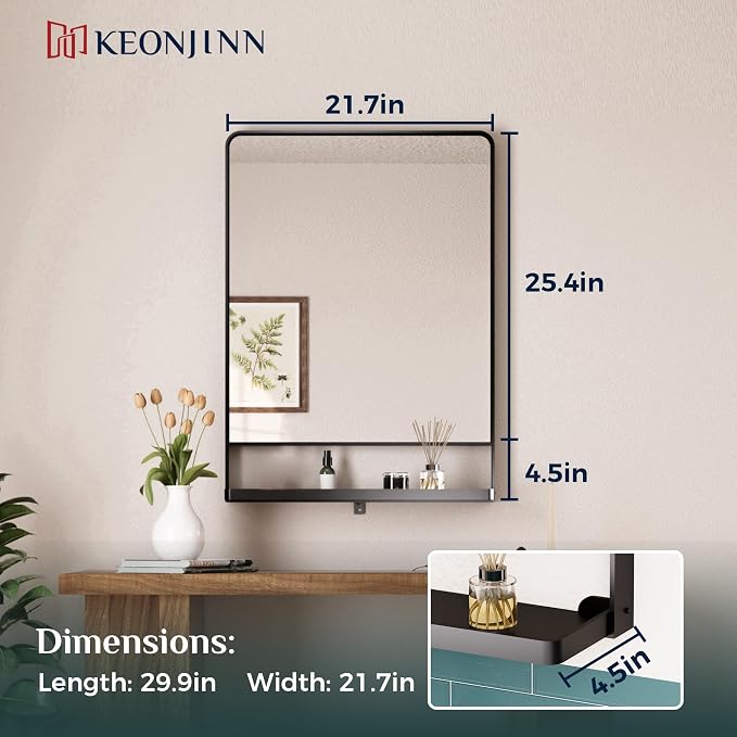 Keonjinn 22 x 30 Inch Black Bathroom Mirror with Shelf, Rust-Resistant | Rounded Corner, Rectangle Metal Bathroom Vanity Mirror with Storage, French Cleat Mount, Entryway, Bedroom, Hallway, Décor