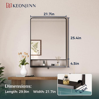 Keonjinn 22 x 30 Inch Black Bathroom Mirror with Shelf, Rust-Resistant | Rounded Corner, Rectangle Metal Bathroom Vanity Mirror with Storage, French Cleat Mount, Entryway, Bedroom, Hallway, Décor