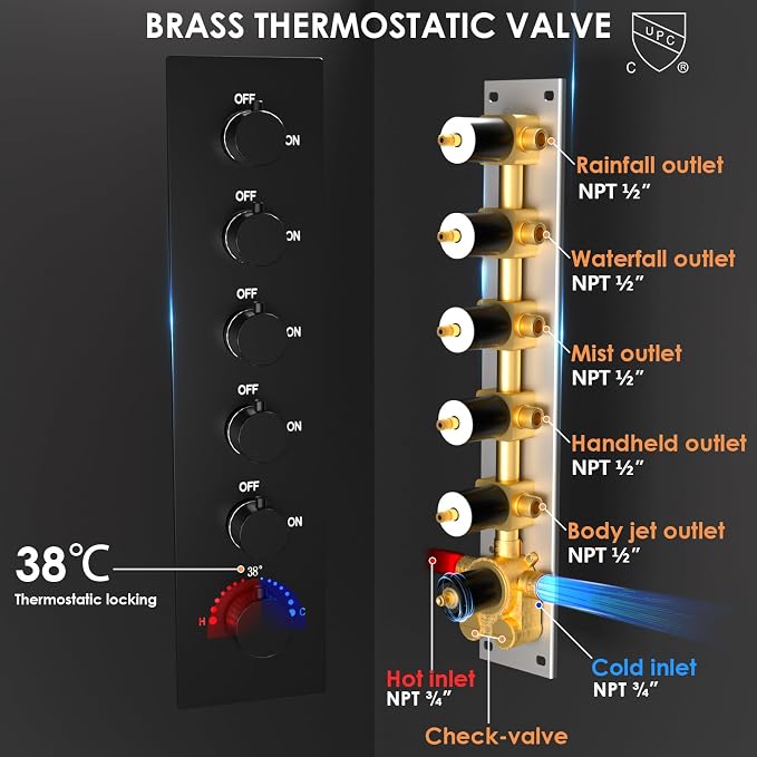 Enga Full Body LED Thermostatic Shower System with Body Jets, 20-Inch 3 Function Shower Head (Rainfall & Mist & Waterfall), Luxury Multi Function Rain Shower Faucet Set, Matte Black