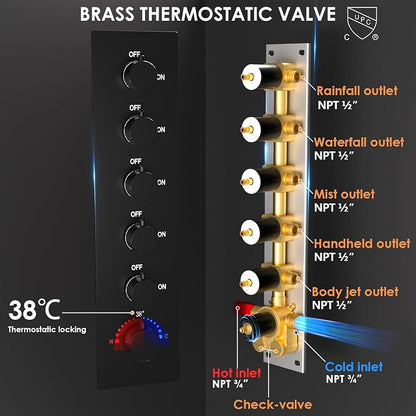 Enga Full Body LED Thermostatic Shower System with Body Jets, 20-Inch 3 Function Shower Head (Rainfall & Mist & Waterfall), Luxury Multi Function Rain Shower Faucet Set, Matte Black