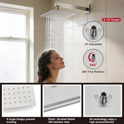 Midanya Shower System with Tub Spout,12 Inch Shower Head,Brushed Nickel | with Valve & Trim Kit,Square Rain Head,Handheld Sprayer,Waterfall Spout,All Metal Wall Mount Bathroom Shower Tub Faucet Set