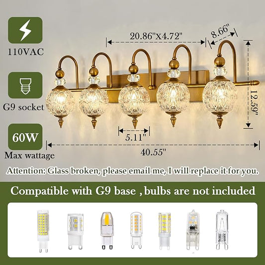 Vintage Bathroom Lights Fixtures Gold Vanity Light with Glass Globe LampShade 5 Light Brushed Brass G9 Bulb Wall Sconce Antique Indoor Vanity Light Over Mirror for Kitchen Bedroom Living Room