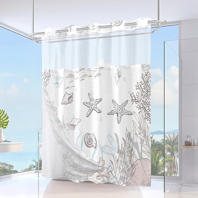 No Hook Shower Curtain and Liner Set, Brown Beach Coastal 71x74 | Nautical Ocean for Bathroom, with Snap in Liner Replacement, Mesh Top Window, Waterproof, Machine Washable, Quick-Drying