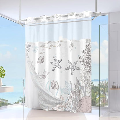 No Hook Shower Curtain and Liner Set, Brown Beach Coastal 71x74 | Nautical Ocean for Bathroom, with Snap in Liner Replacement, Mesh Top Window, Waterproof, Machine Washable, Quick-Drying
