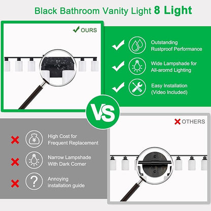 8 Light Bathroom Vanity Light, Black Bathroom Light Fixtures, 8-Light Vanity Lights for Huge Mirror, Matte Black 8 Light Wall Sconce with Milky White Frosted Glass Shades for Living Room Bath Makeup
