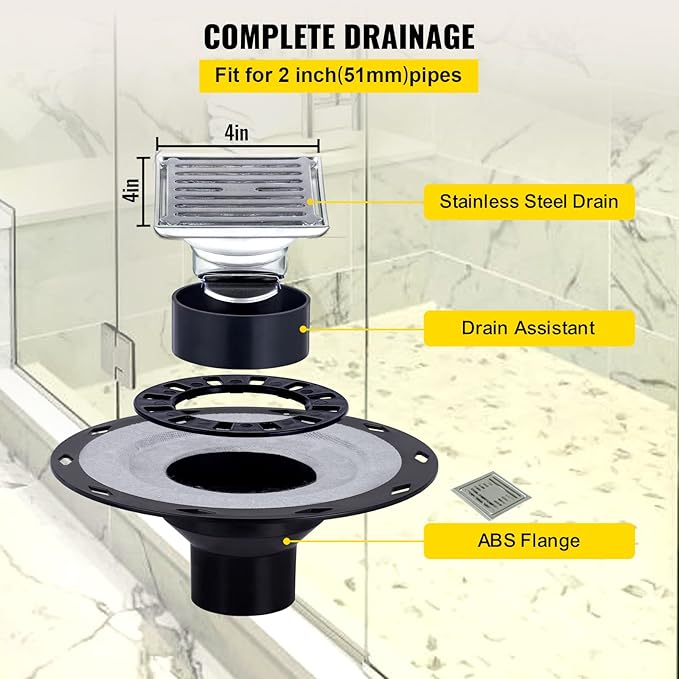 VEVOR Shower Curb Kit, 48"x72" Watertight Shower Curb Overlay with 4" ABS Central Bonding Flange, 4" Stainless Steel Grate, 2 Cuttable Shower Curb and Trowel, Shower Pan Slope Sticks Fit for Bathroom