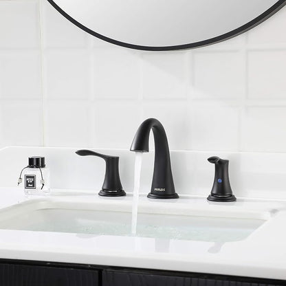 Bathroom Sink Faucet 8 Inch Widespread for Vanity, Matte Black | Mid Arc, 2 Handle Lead-Free Deck Mount Bathroom Faucet with Pop Up Drain Supply Lines, for 3 Hole Lavatory Utility Sink