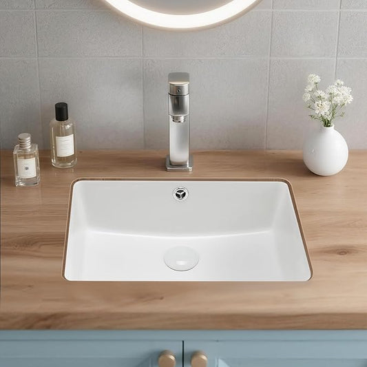 VEVOR Undermount Bathroom Sink, 18.5 x 13.19 Inch Rectangular White Ceramic Vessel Sink with Overflow Hole, Under Counter Drop in Modern Lavatory Vanity Bath Wash Bowl Basin, Rectangle Small Space