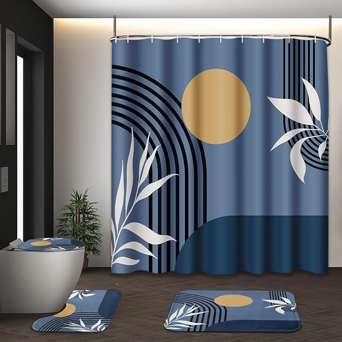 Bathroom Sets with Shower Curtain and Rugs, 4 Pcs, Boho Modern | Geometric Abstract Mid Century Bathroom Decor Set with Toilet Lid Cover, Non-Slip Bath Mats and Accessories 12 Hooks