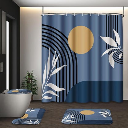 Bathroom Sets with Shower Curtain and Rugs, 4 Pcs, Boho Modern | Geometric Abstract Mid Century Bathroom Decor Set with Toilet Lid Cover, Non-Slip Bath Mats and Accessories 12 Hooks