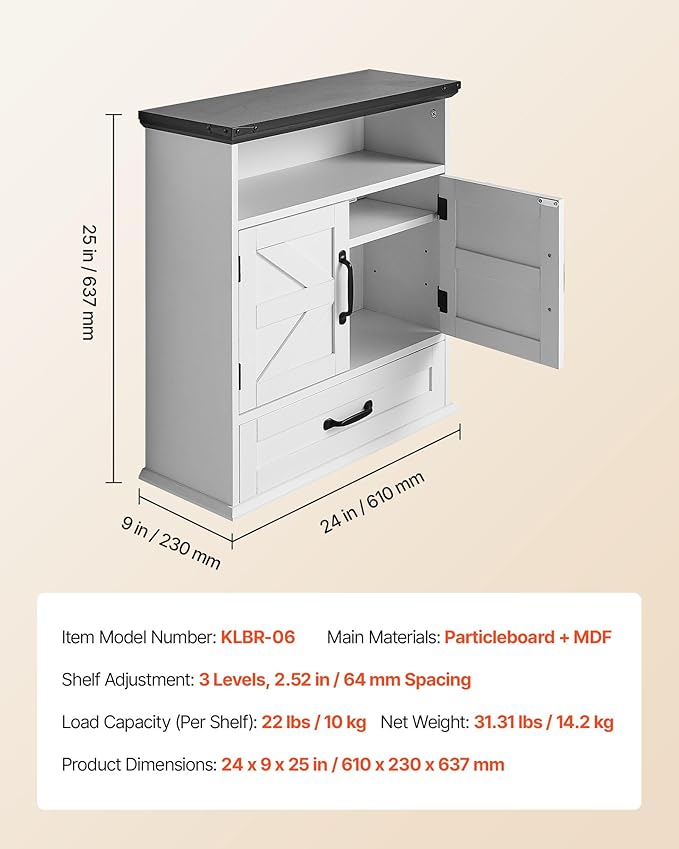 VEVOR Bathroom Wall Cabinet, 24" W x 25" H Storage Medicine Cabinet Wall Mounted, Hanging Organizer with Drawer & Open Partition for Laundry Room Kitchen Restroom, White