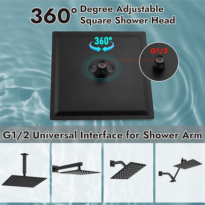 Midanya Square Rain Shower Head,High Pressure,Matte Black 12 Inch | 360°Swivel,Ceiling or Wall Mount,Waterfall Full Body Coverage,Bathroom Remodel,Stainless Steel Large Rainfall Shower Head