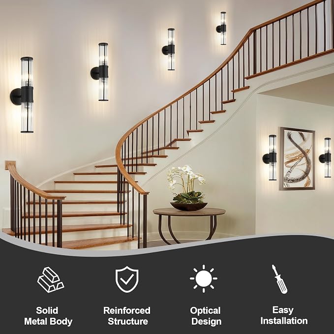 Wall Sconces Set of 2, Farmhouse Vanity Lights Fixtures for Bathroom, 2-Light Modern Bath Wall Mount Lamp with Glass Rods Shade for Hallway, Living Room, Mirror, Kitchen
