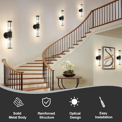 Wall Sconces Set of 2, Farmhouse Vanity Lights Fixtures for Bathroom, 2-Light Modern Bath Wall Mount Lamp with Glass Rods Shade for Hallway, Living Room, Mirror, Kitchen