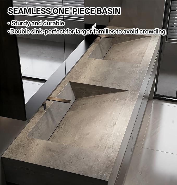 Double Sink Bathroom Vanity, Wood Looking Bath Vanity Includes Smart Anti-Fog Mirror Cabinet, Slate Countertop and One-Piece Sink, Wall Mounted Vanities with Soft-Close Drawers (Dark Walnut,96")