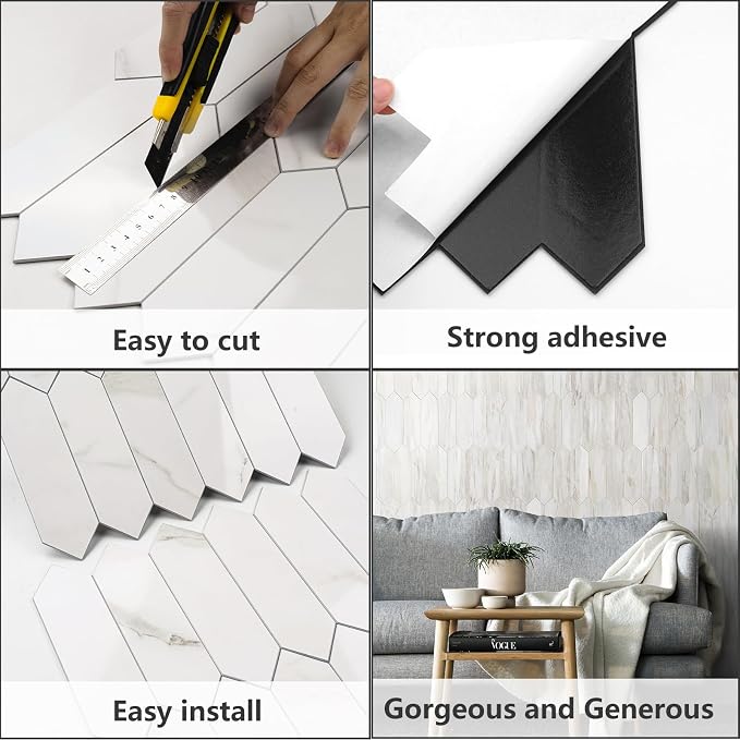 Vamos Tile 1 Sheet Glossy White Marble Backsplash Tile Peel and Stick, 12.8 x 12.8 Inch Long Hexagon PVC Self Adhesive Mosaic Wall Tiles Stick on Backsplash for Kitchen and Bathroom