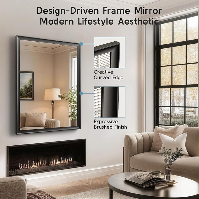 30x40 Inch Black Bathroom Mirrors for Over Sink | Rectangle Vanity Wall Mirror for Bedroom, Entryway, Living Room Decor, Aluminum Framed, Curved Wide Edge, Anti-Rust
