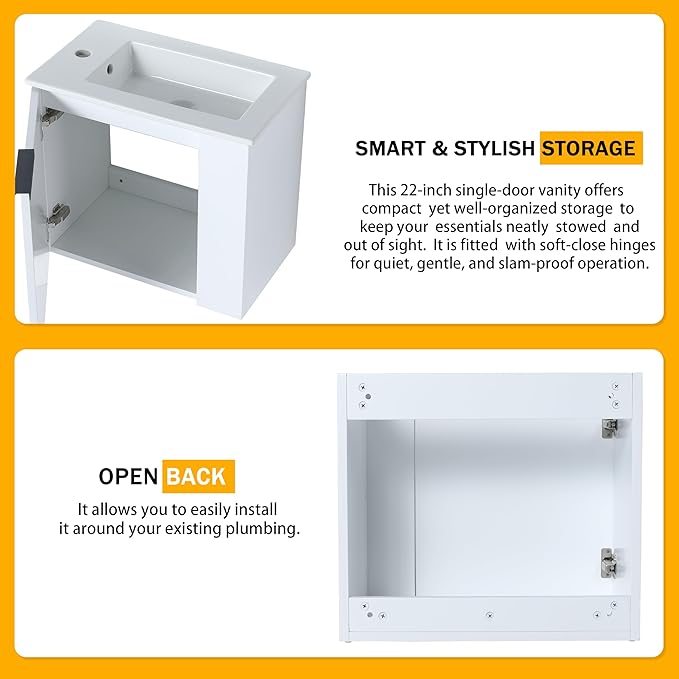 22 Inch Bathroom Vanity with Sink, 22" Wall Mounted Vanity Sink Combo for Small Space, Modern Bathroom Cabinet Set with Ceramic Basin Sink Top and Soft-Closing Door, White