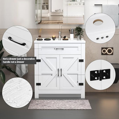 30.9 inch Bathroom Sink Vanity Combo, Small Freestanding Single Bath Vanity Sink Set with 2 Doors, White Single Basin Bathroom Storage Cabinet