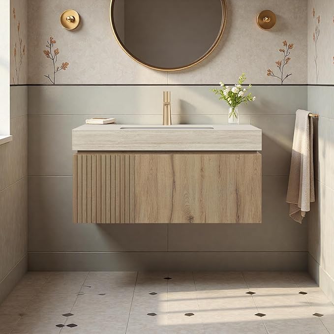 36" Bathroom Vanity with Sink, Wall-Mounted Plywood Bathroom Storage Cabinet with Ceramic Basin & Sintered Stone Countertop, Modern Pre-Assembled Floating Vanity with Drawer & Door, Oak