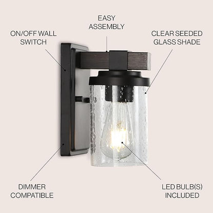 JONATHAN Y 4.5" Oil Rubbed Bronze LED Vanity Light, Rustic Farmhouse Sconce, Clear Seeded Glass Shade, Industrial Wall Lamp for Bathroom Mirror, Kitchen Sink, LED Bulb JYL7507A