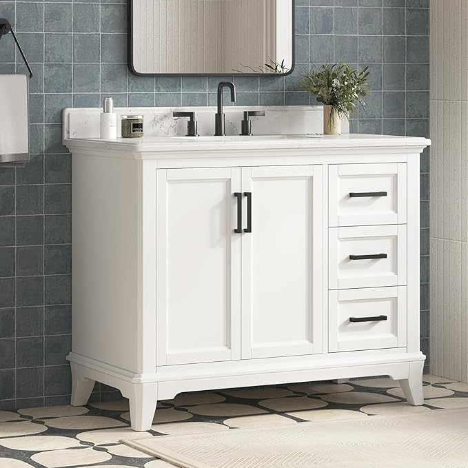 42 Inch Bathroom Vanity with Sink, Farmhouse Bathroom Vanity Set with Quartz Countertop, Painted Bathroom Storage Cabinet with Soft Closing Doors & Dovetail Pine Drawers, White
