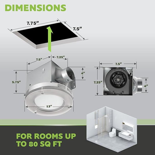 Homewerks 7117-02-HW Bathroom Fan Integrated LED Light Ceiling Mount Exhaust Ventilation 1.5 Sones 80 CFM, Frosted