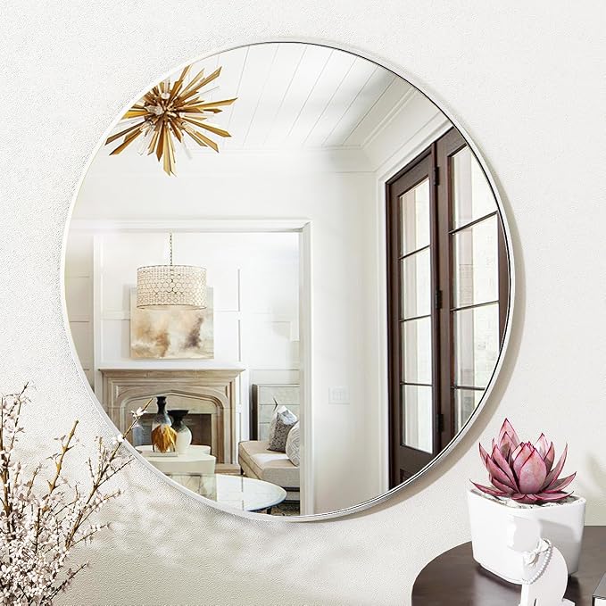 Silver Round Bathroom Mirror 30", Thin Metal Frame Wall Mirror | Circle Vanity Mirror for Over Sink, Hanging or Leaning Decor for Hallway, Entryway, Fireplace Mantel, Living Room