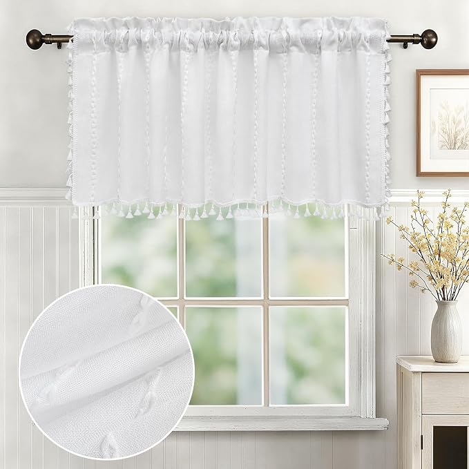 Seenus White Boho Farmhouse Valance Curtain with Tassels, 52 x 18 inch Linen Textured Window Curtain for Living Room, Striped Light Filtering Valance for Kitchen Bedroom Bathroom Rod Pocket