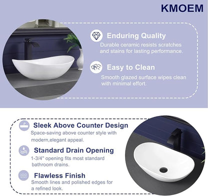 Vessel Sink 20.5"x12.6" Oval Bathroom Sink Modern White Porcelain Ceramic Above Counter Vanity Sink for Bathrooms Art Basin