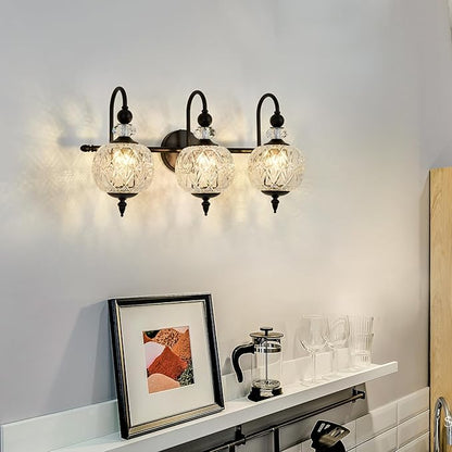 Vintage Bathroom Light Fixtures Black Vanity Light with Glass Globe LampShade 3 Lights Mid Century G9 Bulb Wall Sconce Indoor Vanity Light Over Mirror for Kitchen Bedroom Farmhouse