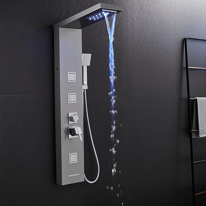 MENATT Shower Panel Tower System with LED Lights, 5 In 1 Shower Panel with Rainfall and Waterfall Shower Head, 3 pcs Massage Spray, Handheld Shower, Waterfall Tub Spout