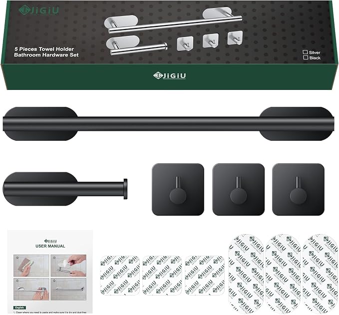 JiGiU 16-Inch Towel Bar, Self Adhesive Bath Hardware Set Bathroom Towel Holder with Toilet Paper Holder & 3 Packs Towel Hooks Stainless Steel Bathroom Hardware Accessory Kit, No Drilling-Black | Wall Mounted Towel Holder, Bathroom Accessories, Stainles...