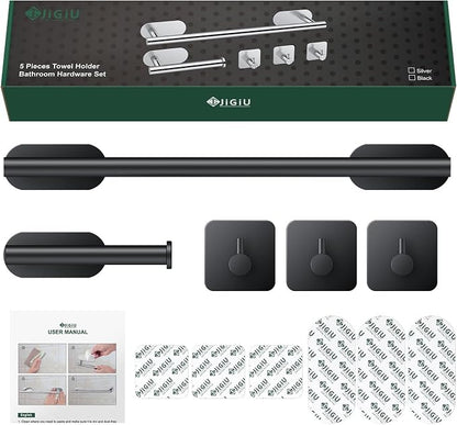JiGiU 16-Inch Towel Bar, Self Adhesive Bath Hardware Set Bathroom Towel Holder with Toilet Paper Holder & 3 Packs Towel Hooks Stainless Steel Bathroom Hardware Accessory Kit, No Drilling-Black | Wall Mounted Towel Holder, Bathroom Accessories, Stainles...