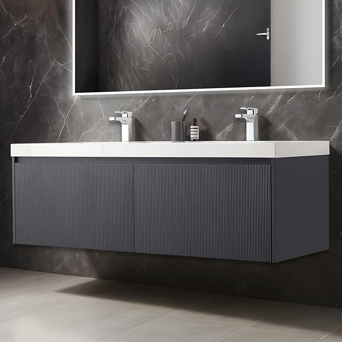Blossom 60 Inch Double Sink Bathroom Vanity, All Wood Wall Mounted Floating Bathroom Vanity Cabinet with Acrylic Sink, Bathroom Sink Cabinet with Soft-Close Drawers, Modern Vanities, Night Blue