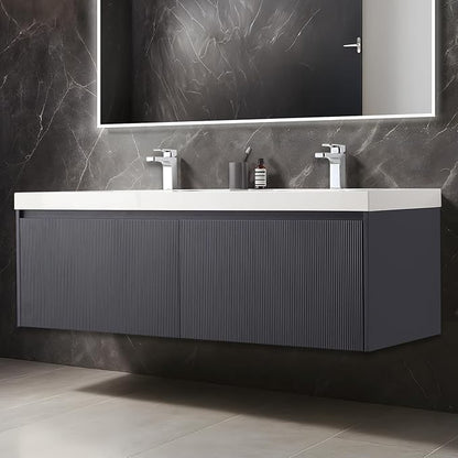 Blossom 60 Inch Double Sink Bathroom Vanity, All Wood Wall Mounted Floating Bathroom Vanity Cabinet with Acrylic Sink, Bathroom Sink Cabinet with Soft-Close Drawers, Modern Vanities, Night Blue