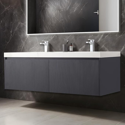 Blossom 60 Inch Double Sink Bathroom Vanity, All Wood Wall Mounted Floating Bathroom Vanity Cabinet with Acrylic Sink, Bathroom Sink Cabinet with Soft-Close Drawers, Modern Vanities, Night Blue