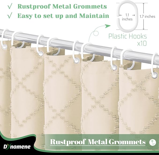 Stall Boho Farmhouse Shower Curtain Tufted Geometric 60"x72" Beige | 60 Inch Wide, Elegant Tassel, Lightweight Textured Fabric, Water Repellent, Washable, for Narrow Bathroom/Dorm 10 Hooks